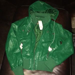 Green Faux Leather Hooded Jacket